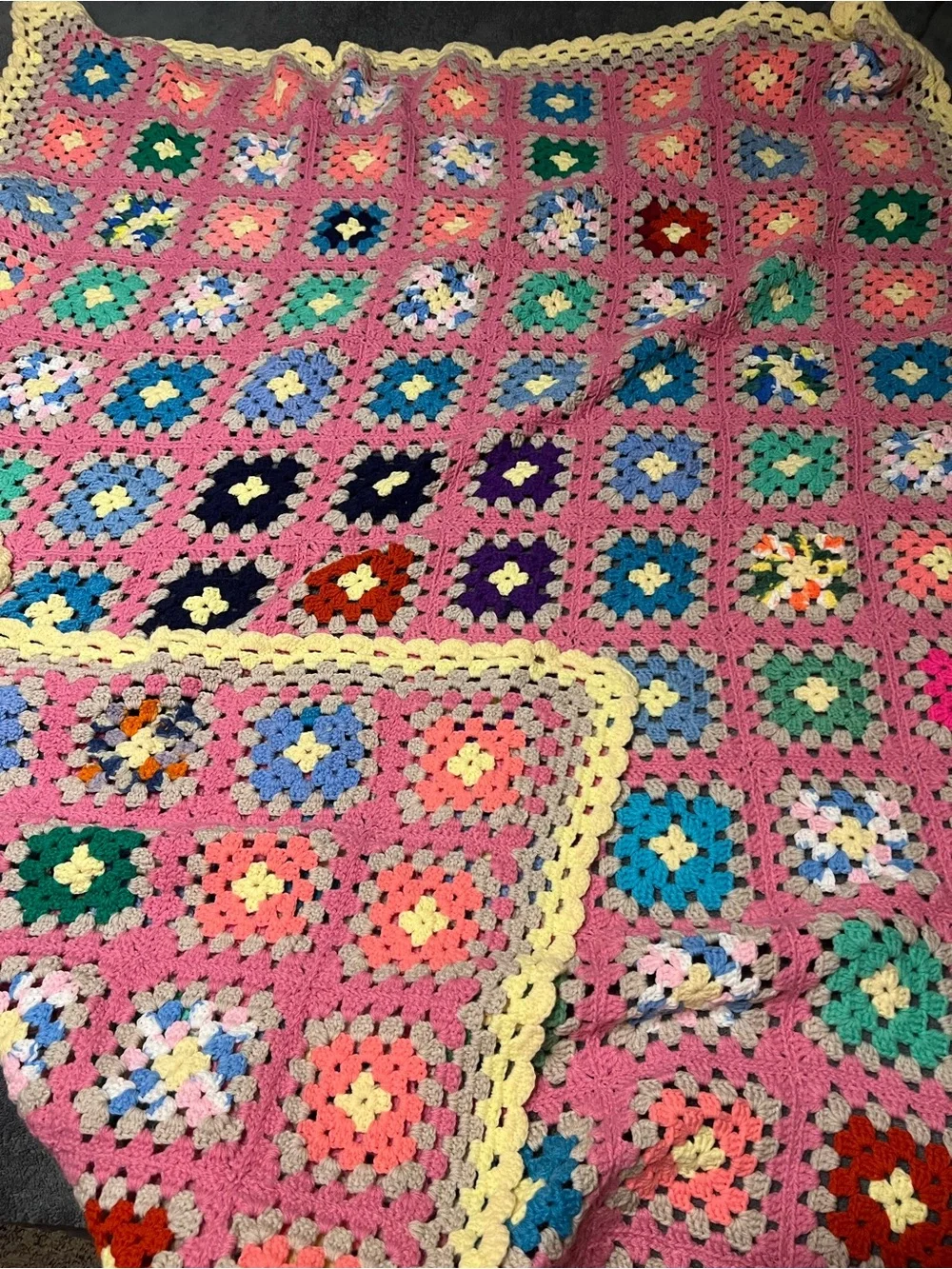 Handmade Pink Multicolor Granny Square Crochet Blanket